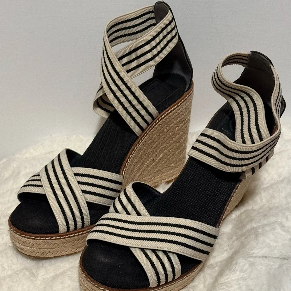 Tory Burch Black and Cream Striped Espadrille Wedge Sandals